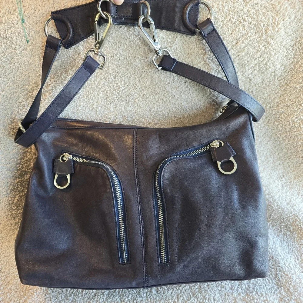 Ted Baker Leather Hobo Shoulder Bag Purse Dark Purple Plum Buckle Accents